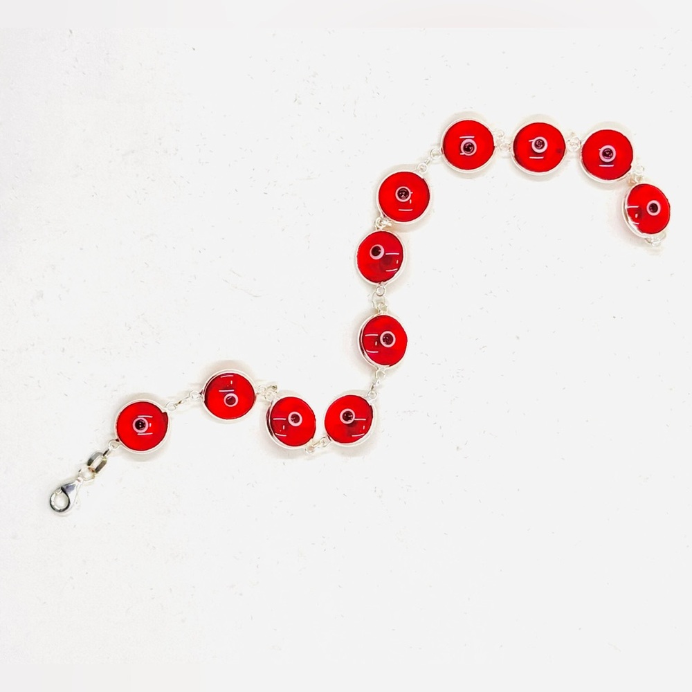 .925 Sterling Silver Red Translucent Evil Eye Bracelet  7.5” NWOT